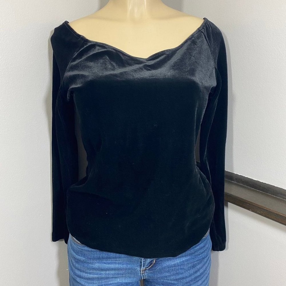 Vintage Henri Bendel Black Velvet Long Sleeve Stretch Blouse Shirt Large L